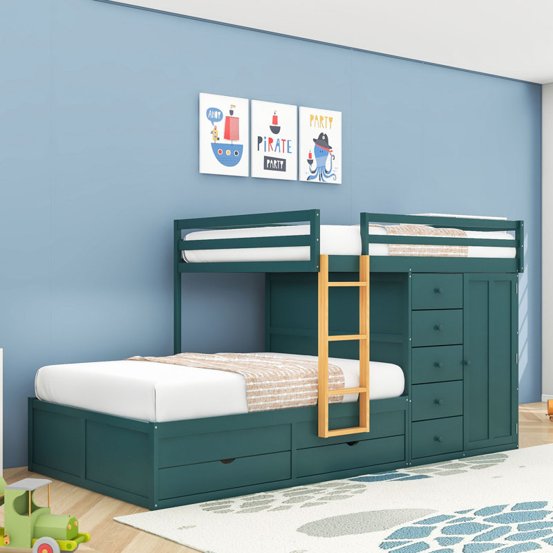 Lit superposé double avec tiroirs de rangement et garde-robe, Vert Morandi