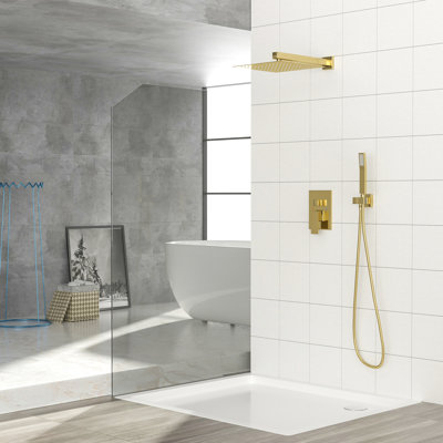 Pomme de douche double avec finition dorée - système d'équilibre mural carré de 10 pouces avec valve d'équilibrage et buse - équilibrée pour une expérience de douche confortable