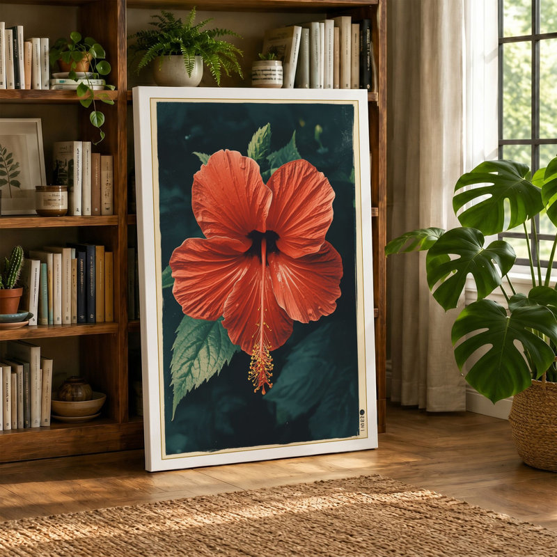 Hibiscus in Deep Teal Botanical - Wrapped Canvas, 24x16 - 61.0 x 40.6 cm, Ochre Border