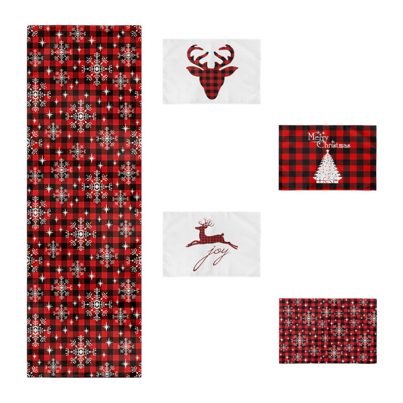 Ensemble de chemin de table et napperon de Noël - Ensemble repas de Noël avec napperons, décoration de table de Noël rouge et verte, ensemble de 5 pièces - Parfait pour les dîners et les fêtes