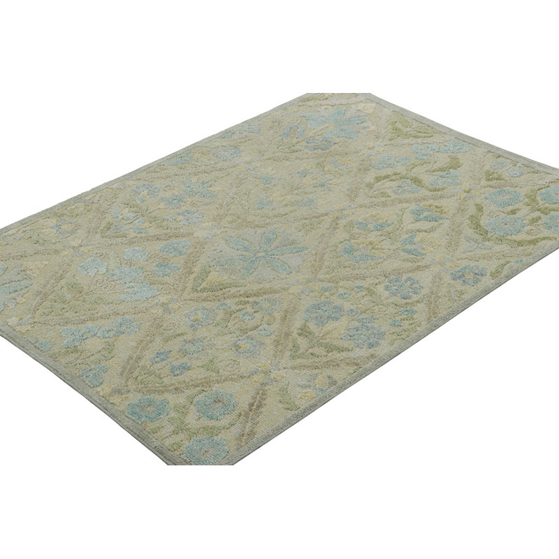 Rug & Kilim’S Block Print Rug With Blue And Green Floral Patterns, Rectangle 13' x 19'