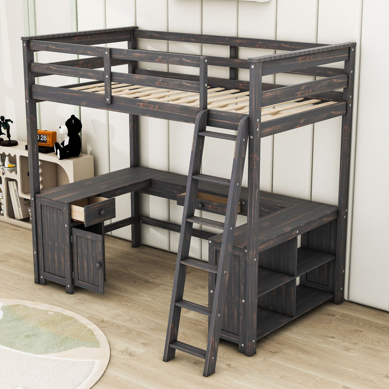 Lit mezzanine avec bureau en U et tablettes de rangement, Double, Brun antique