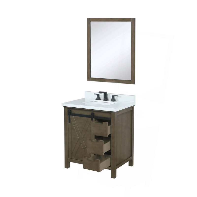 Meuble-lavabo rustique brun, comptoir en quartz blanc, ensemble de robinets et miroir de 28 po