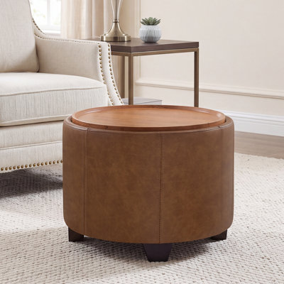 20" Round Faux Leather Storage Ottoman with Reversible Tray Top, Coffee Table & Footrest for Living Room