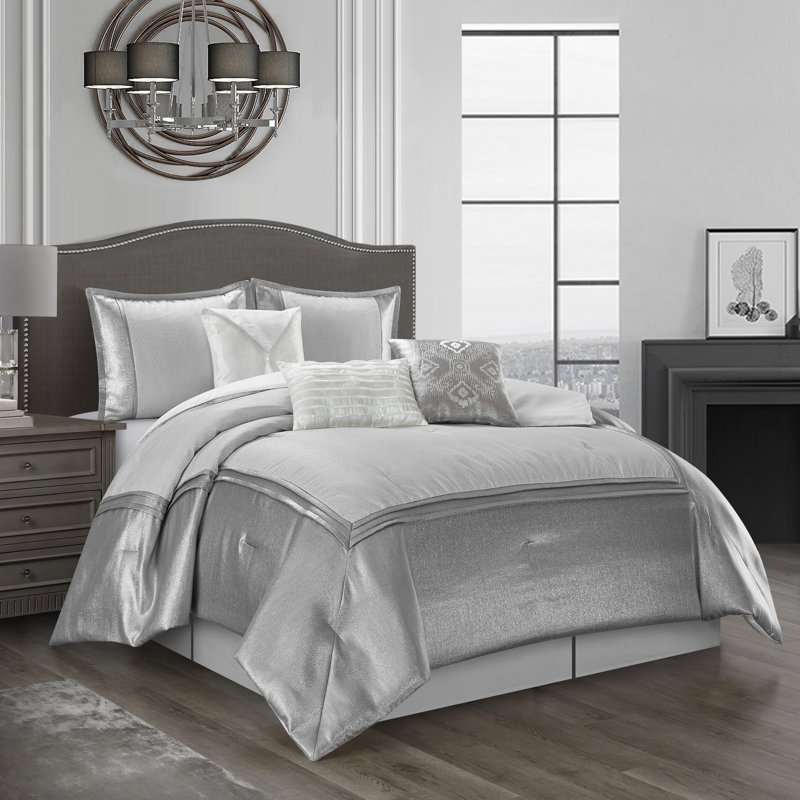 Prestyn White/Gray Microfiber 7 Piece Comforter Set, King Comforter + 6 Additional Pieces