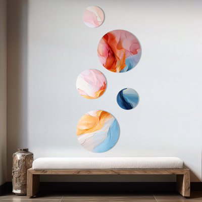 Tourbillon apaisant rose et bleu I - ensemble abstrait d'art mural rond de 5