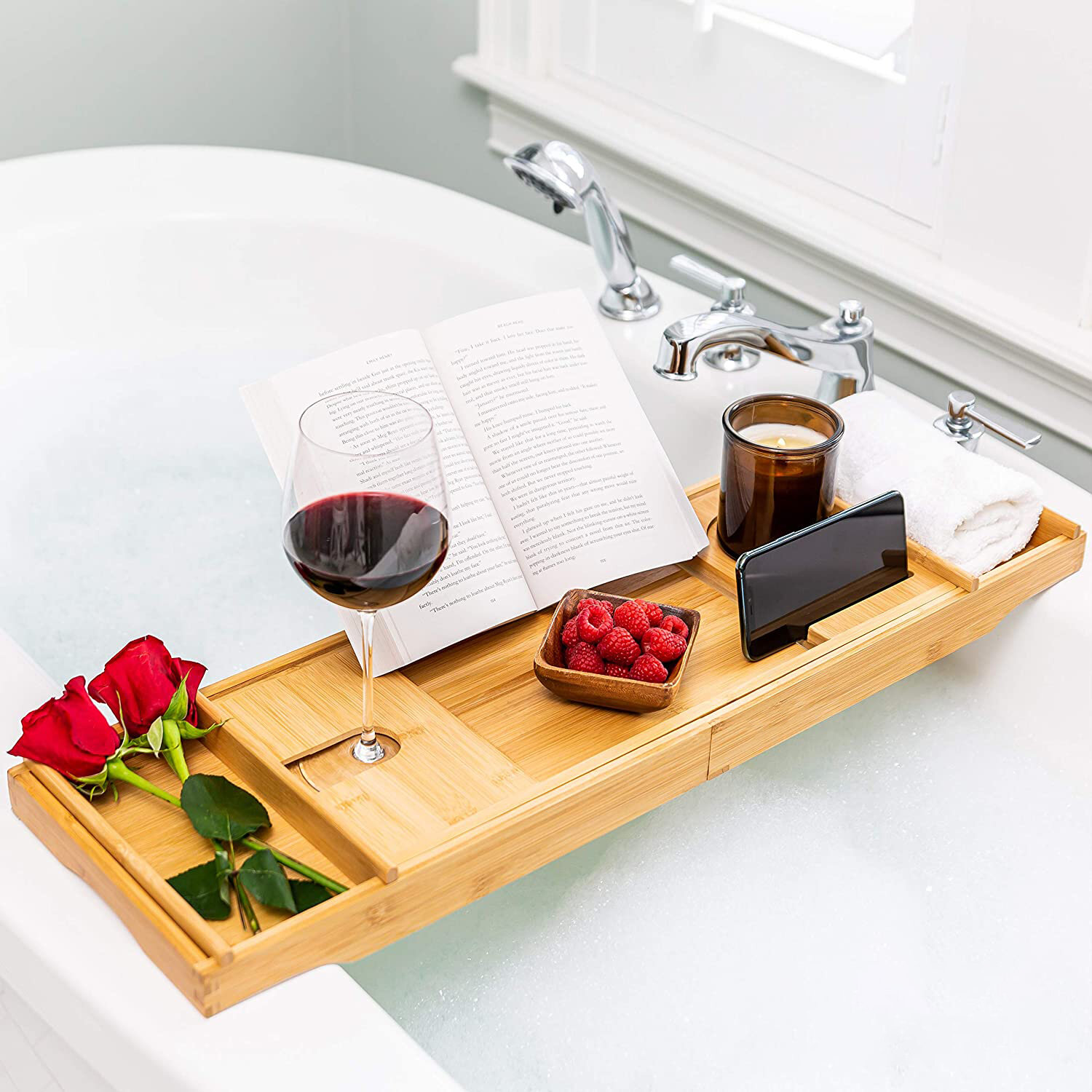 Bath Caddy Tray for Tub: Bamboo Bathtub Tray Caddy Expandable with Wine  Glass Holder and Book Stand. Luxury Bubble Bath Accessories & Spa Decor.  Self