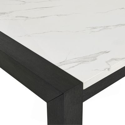 6pc Dining Set Contemporary Style White Faux Marble Rectangular Table Full Back Upholstered Chairs Bench Light Gray Black Finish Dining Room Wooden Furniture