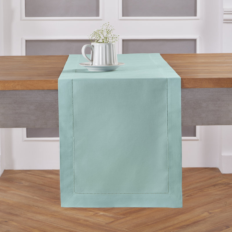 Cotton Linen Hemstitch Table Runner, 72" x 14", Pastel Turquoise, Solid Color