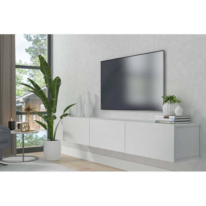 Ozge Modern 71" Floating TV Stand with Storage  Wall-Mounted Media Console for TVs up to 80", Wood White
