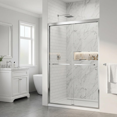Porte de douche en verre semi-sans cadre coulissante de l 56 à 60 po x H 76 po, verre trempé certifié ANSI et SGCC de 5/16 po (8 mm) avec double revêtement nano, quincaillerie en acier inoxydable et porte-serviettes, chrome