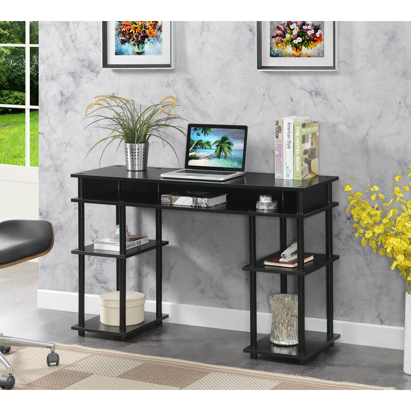 Edwin No Tools Writing Desk with Shelves, Black/Black Poles