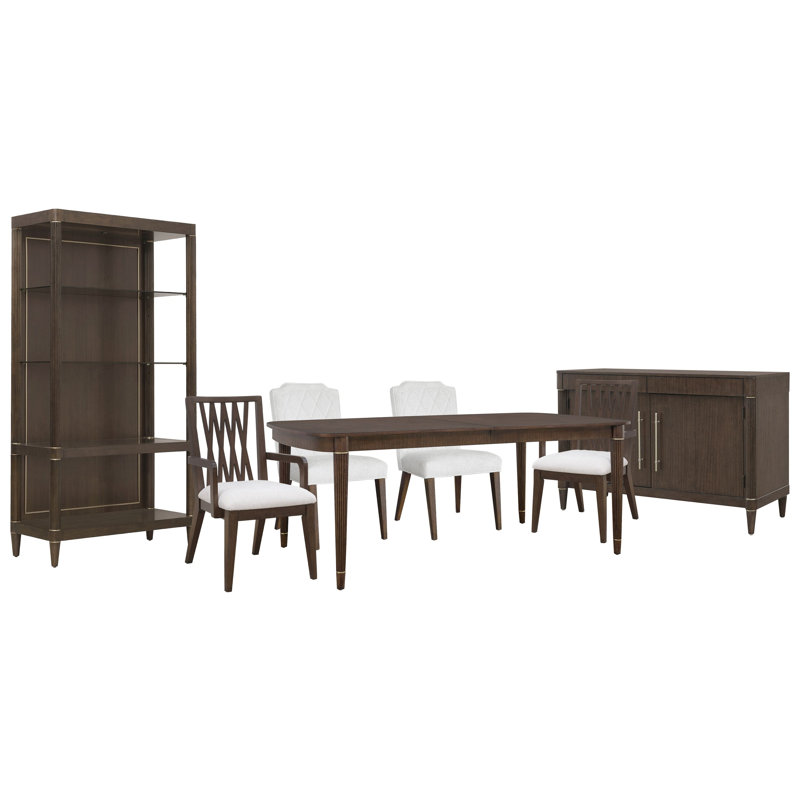Leg Dining Table With 2 Upholstered Side Chairs 2 Wood Back Arm Chairs And Server, 6 Pcs: Table, 4 Chairs, Server