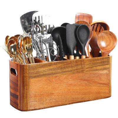 Porte-ustensiles de cuisine, très grand organisateur en bois d'acacia avec 4 compartiments, rangement en bois pour la cuisine et l'argenterie, décor minimaliste rustique, pot à ustensiles robuste (brun)