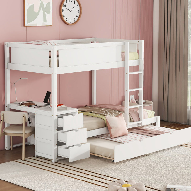 Lit superposé Twintwin avec bureau de rangement, lit gigogne simple et prises de courant, blanc - chambre à coucher moderne indispensable pour les familles