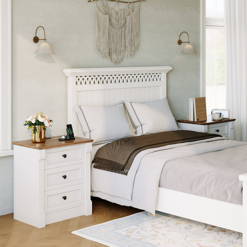 Table de chevet de 23,6 po de largeur avec station de charge et 3 tiroirs, table de chevet en bois rustique avec colonne romaine, table de bout pour le salon de la chambre à coucher