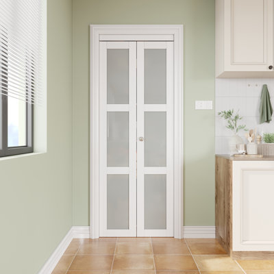  3-Lite Frosted Glass Bifold Door, Solid Manufactured Wood Bifold Closet Door, Interior Folding Door with Hardware Kit for Closet, Pantry, Bathroom, Laundry Room 30"x80"