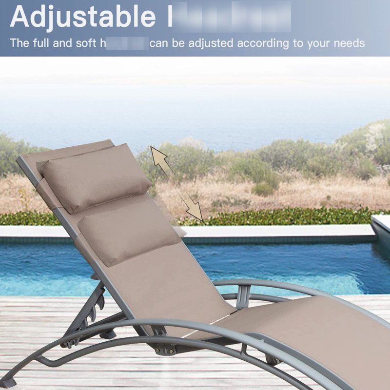 Outdoor Chaise Lounge Of 2 - Khaki With Adjustable Positions Aluminum Frame, Removable Pillow For Pool, Sunbathing Fabric Patio Recliner Chairs Construction, , Spot