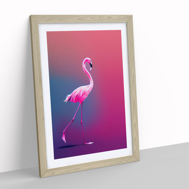 Strolling Flamingo - Single Picture Frame Print, 34cm H x 25cm W x 2cm D, Oak