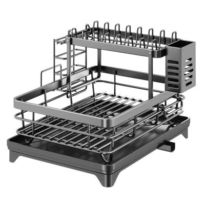 Égouttoir à vaisselle pliable à poser sur l'évier, égouttoir à vaisselle à 2 niveaux coulissant avec porte-ustensiles, organisateur de cuisine gain de place pour petites cuisines