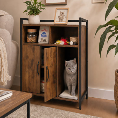 Enceinte de litière rustique en bois brun pour chat, meubles cachés pour chat avec tapis à gratter