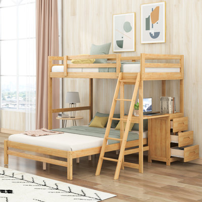 Twin Over Full L Shape Bunk Bed With Built-In Desk And Drawers
