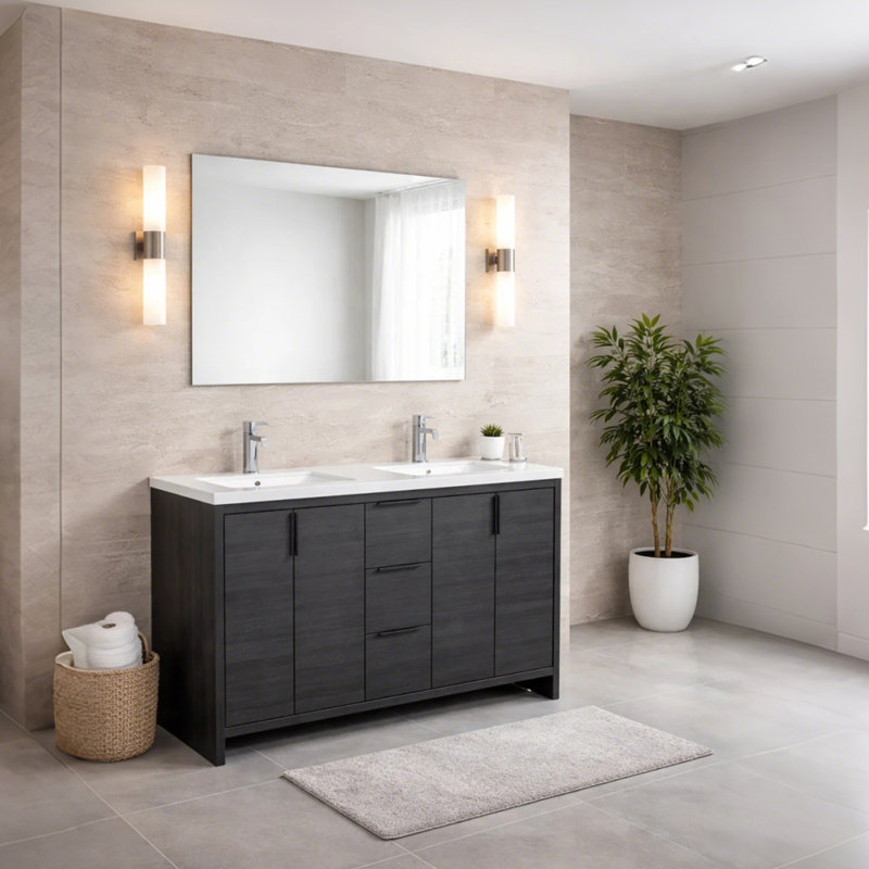 60'' Freestanding Bathroom Vanity In Leached Oak With Resin Top