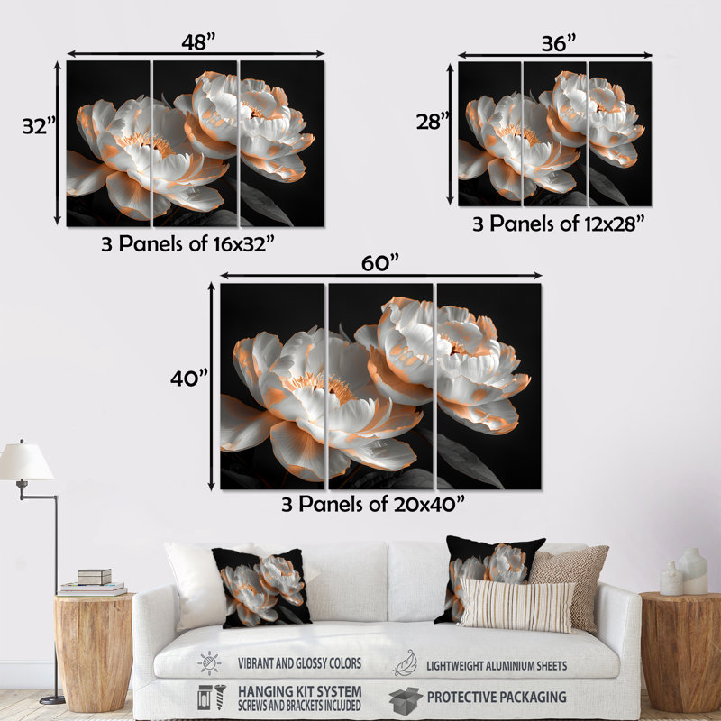 Rumbaugh - ensemble d'art mural pivoines, Métal métal, H 28 po x l 36 po x P 1 po