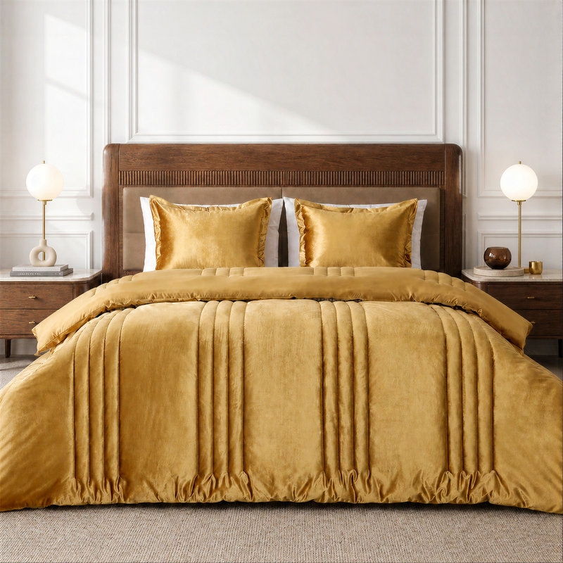 Luxury Velvet Bedding Comforter Sets 3 Pieces. Lightweight fluffy and soft velvet comforter set, King, Gold
