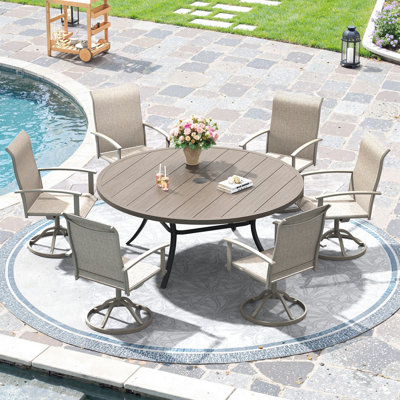 6-Person Outdoor Patio Dining Set with 53" Round Dining Table and 6 Swivel PVC-coated polyester Chairs