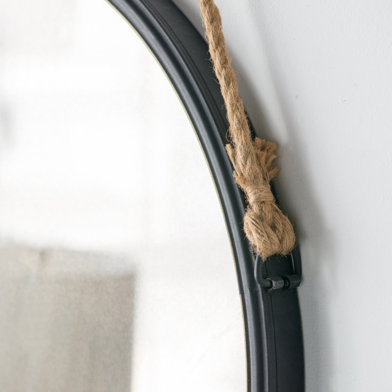 29.5" In On-Trend Hanging Round Mirror With Black Framed And With Rope Strap Contemporary Industrial Decor For Bathroom, Bedroom, Or Living Space