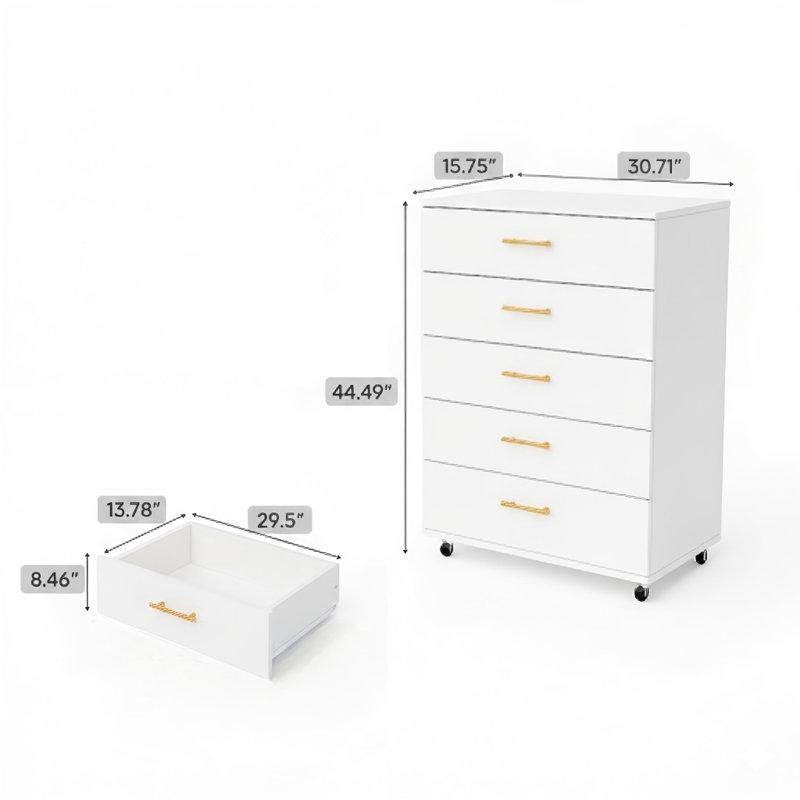 Commode blanche à cinq tiroirs avec poignées - armoire de rangement moderne.