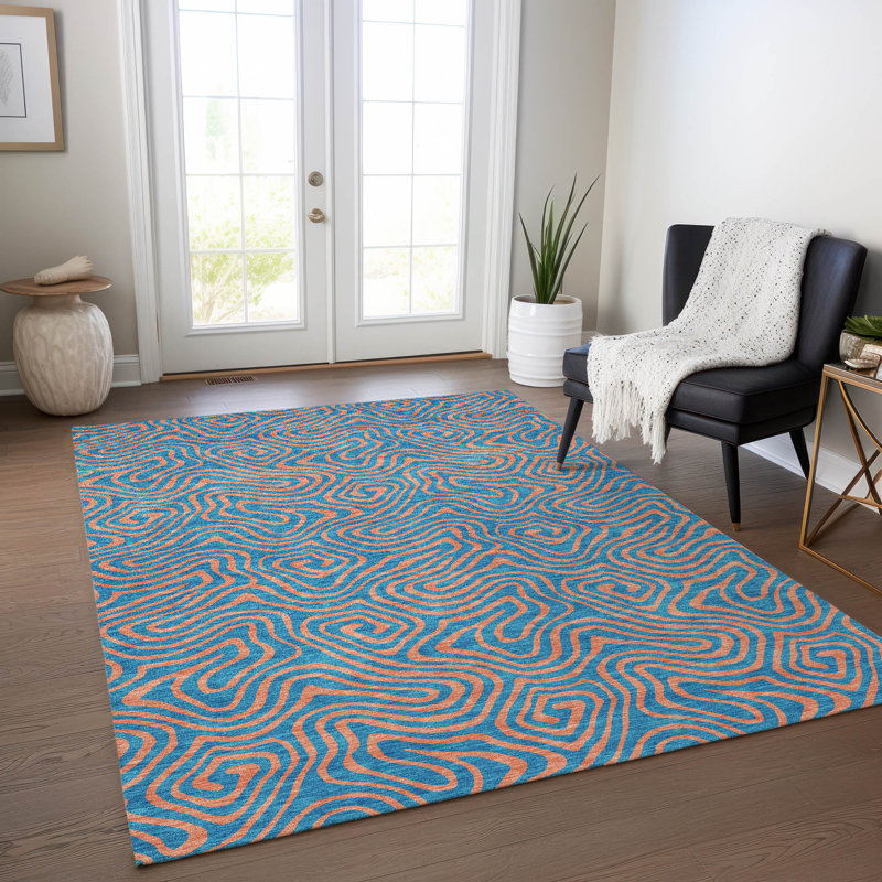 Tapis bleu sarcelle lavable intérieur / extérieur Zena , 2 pi 6 po x 3 pi 10 po