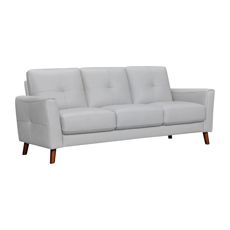 82-Inch Light Slate Gray Tufted Leather Sofa with Brown Legs
