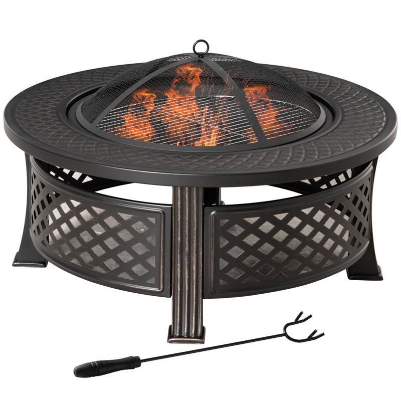 Outsunny 81cm Outdoor Fire Pit Round with Grill Net, Poker Bronze Tone