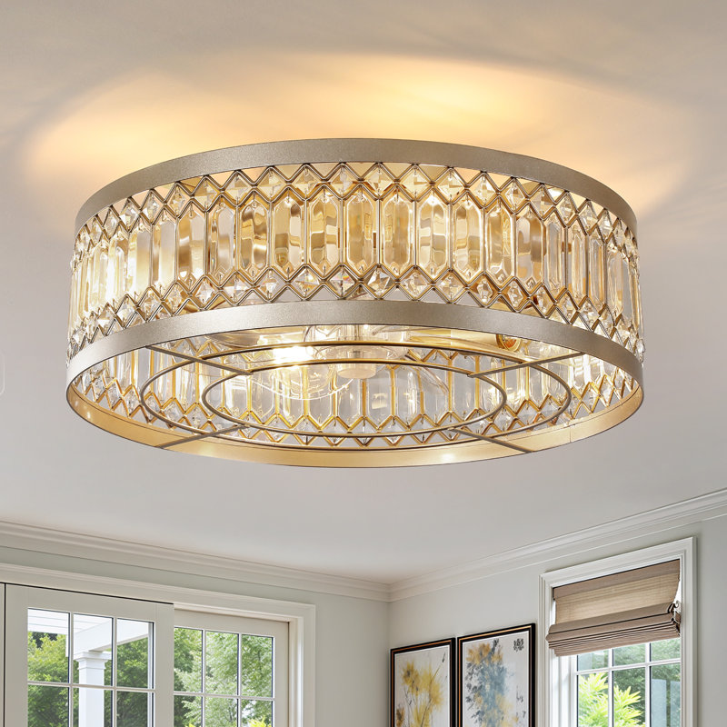 Ventilateur de plafond 19,29 "encastré en cristal doré avec lumières et télécommande pour chambre à coucher et salle à manger
