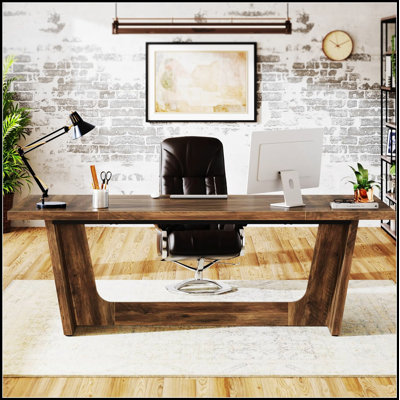 Bureau de direction 71 pouces pour bureau à domicile - Table d'ordinateur industrielle en bois rustique avec piédestal en bois massif, grand poste de travail pour études ou affaires