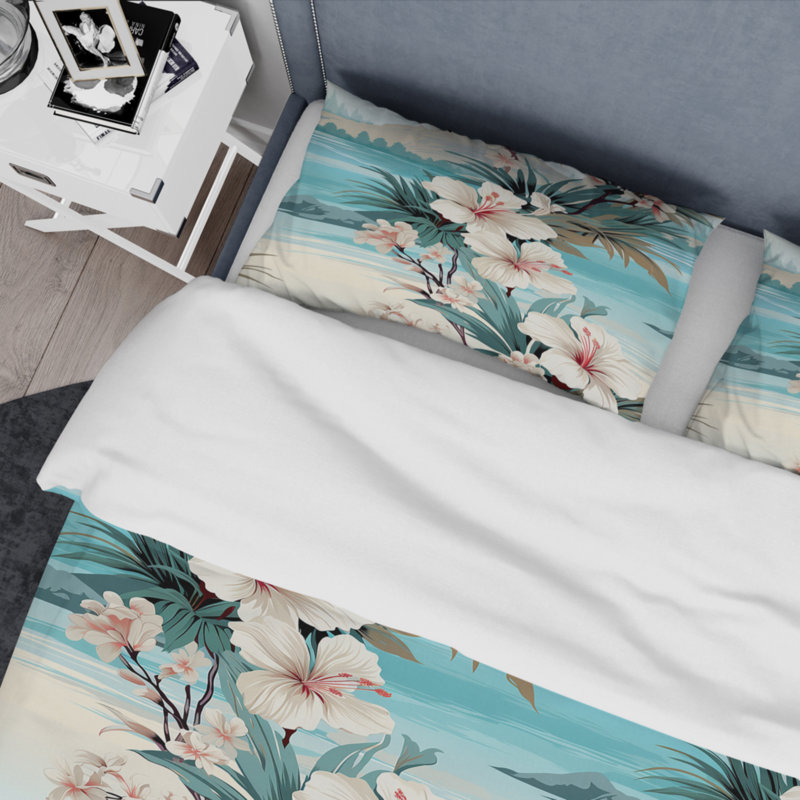Floral Duvet Cover Set - Seaside Reflections Tropical Pattern, King Duvet Cover + 2 King Shams