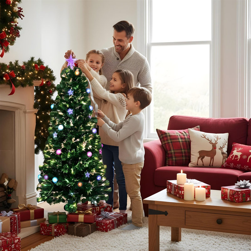 Fibre Optic Christmas Tree with Baubles and Stars, PVC, Pre-Lit LED Decorative Indoor Tree, 3 ft.