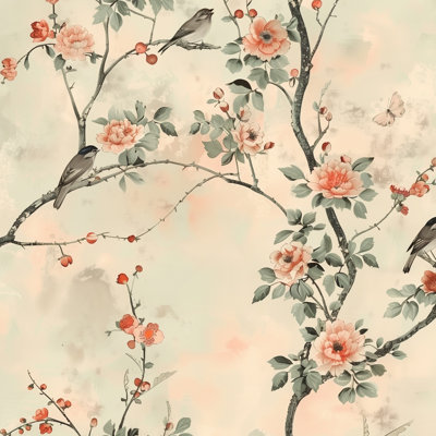 Floral Wallpaper Birds Mural Traditional Wall Decor