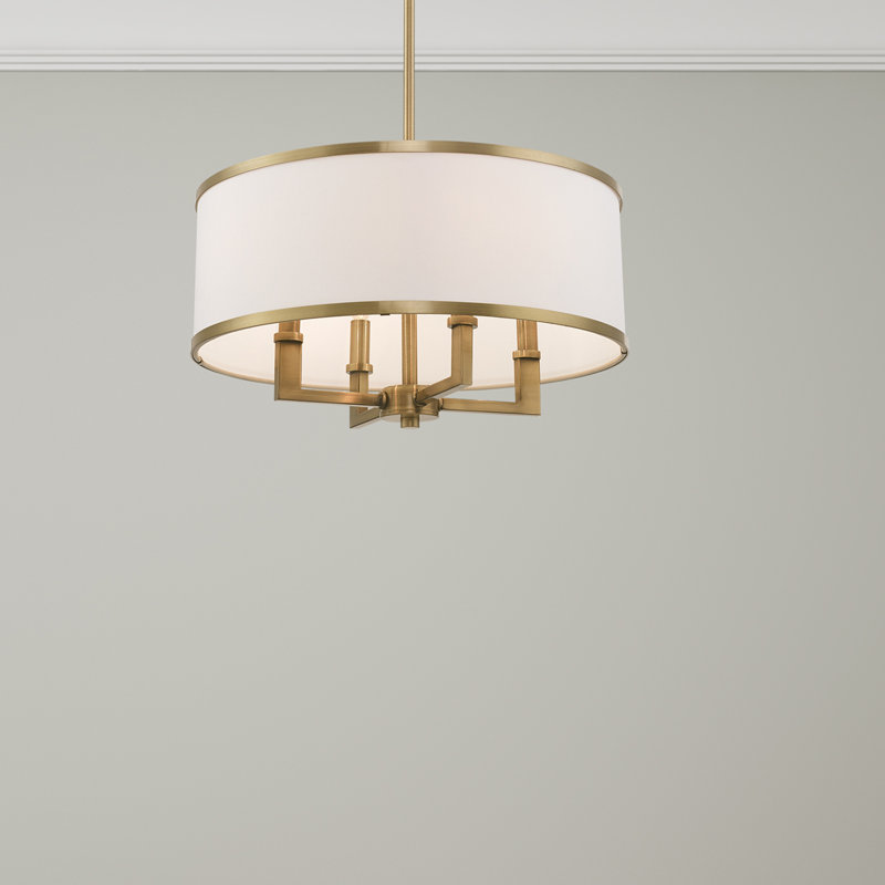Lustre tambour à abat-jour Berthine, Laiton antique, Blanc cassé