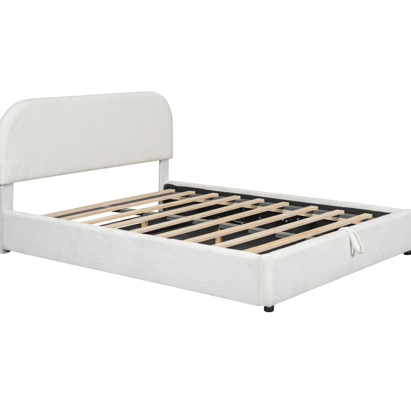 Grand lit avec rangement hydraulique, rembourré en molleton confortable - plateforme de rangement blanche élégante, Grand lit
