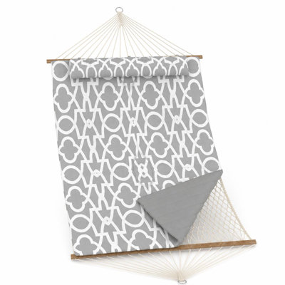 138Inch 2 Person Double Quilted Hammock, Outdoor Swing Bed with Wooden Spreader Bar, Mesh Bag, Cushion & Pillow, 450LBS Load Capacity with Hanging Chains, Light Grey Stripe