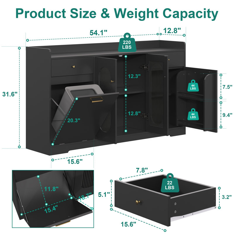 54'' Large Evynn With Led Light And 2 Drawers, Evynn With Trash Can Storage And Adjustable Shelves, Black