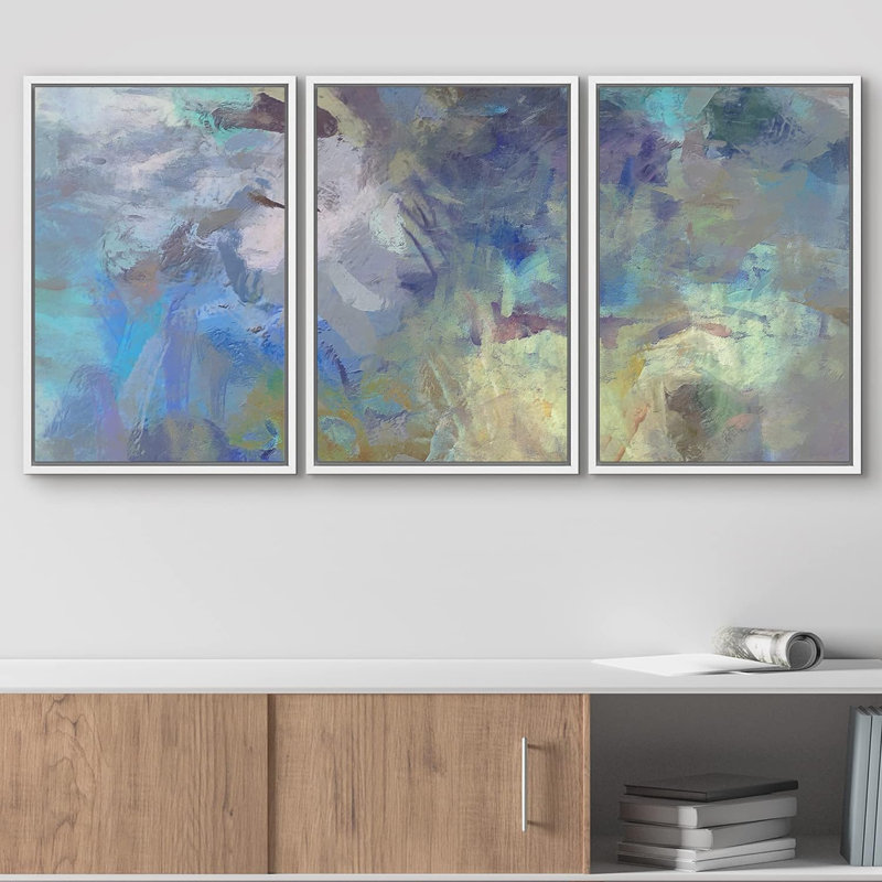 «Bleu sarcelle et jaune», 3 pièces sur toile, H 36 po x l 72 po, Cadre flottant blanc
