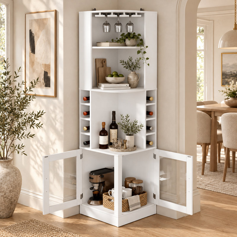 Meuble-bar de coin de 70 pouces avec portes vitrées et 8 casiers à vin, Blanc et or