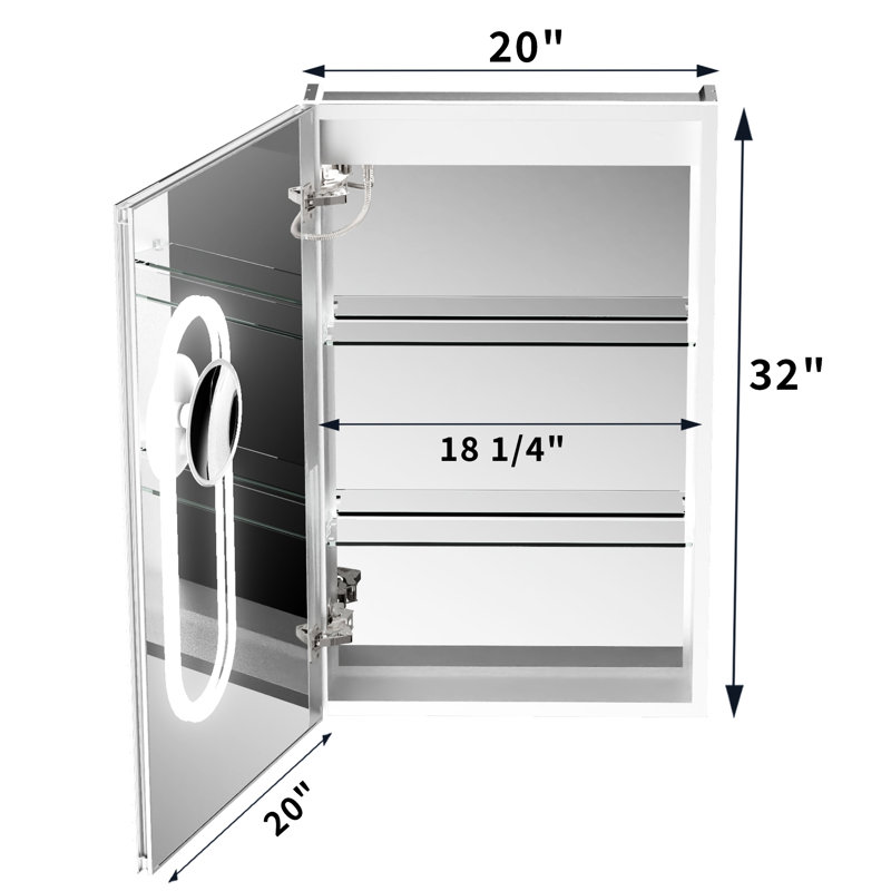 20 po x 32 po, armoire à pharmacie de salle de bain, sortie haute intégrée, éclairage à double DEL, charnières intelligentes à réglage de couleur en continu, avant et rétroéclairé, gradateur, brouillard, conception intégrée, rangement multifonctionnel