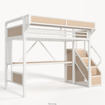 Twin Industrial Metal Loft Bed with Desk, Power Outlet, LED Strip, Pegboard, Mesh Baskets & Storage Stairs with Wardrobe, White