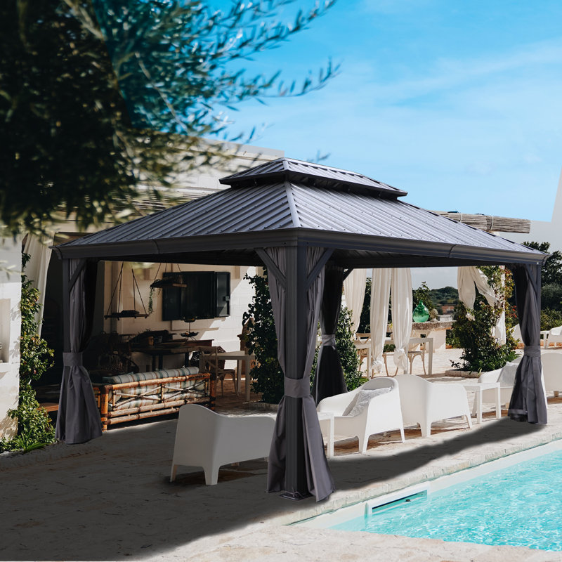 Gray 12x16ft Hardtop Gazebo with Nettings and Curtains