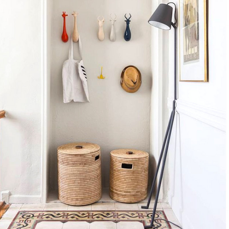 Malawi Basket with Wooden Handle, 21" H x 17.5" W x 17.5" D
